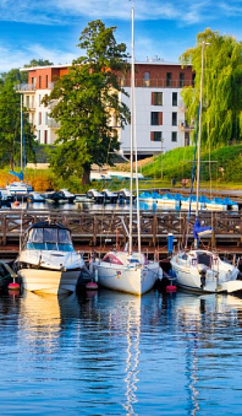 Vacations in Poland - sailboats in marina by the Jeziorak lake in Ilawa, small tourist resort in warmian-masurian voivodeship